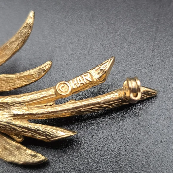 VTG HAR Gold Tone Floral Spray Brooch Rhinestone Cluster Mid Century Flower - Picture 8 of 10